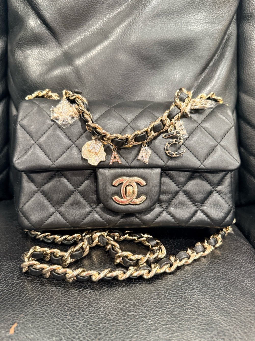 Chanel Classic mini Rectangular black Lambskin Coco Charms Gold Hw Bag